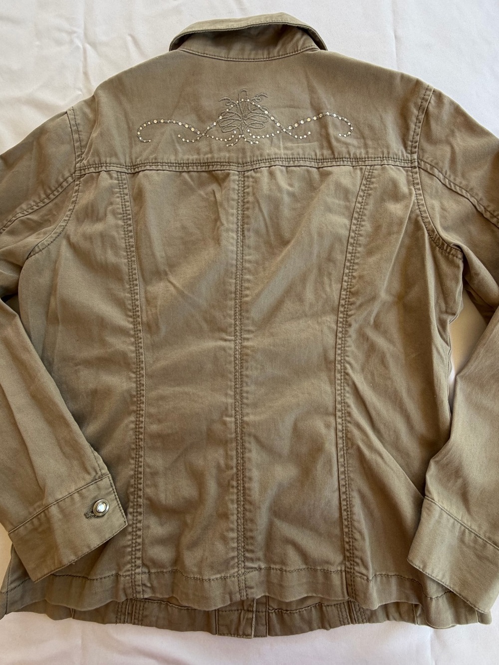 Chicos Size 1 Button Up Embellished Rhinestone Embroidered Khaki Green Jacket - Picture 2 of 12